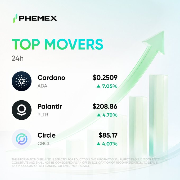 The Phemex "Top Movers 24h" infographic highlights three assets in green with upward arrows: Cardano (ADA) at $0.2509 up 7.05%, Palantir (PLTR) at $208.86 up 4.79%, and Circle (CRCL) at $85.17 up 4.07%, visually blending crypto and TradFi names against a rising bar chart to reinforce the post's message that both crypto and traditional finance can be tracked on one platform.