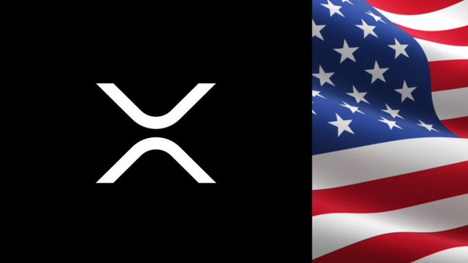 The image features the white XRP logo on a black background alongside the American flag, symbolizing the post's claim that U.S. financial institutions like the Fed and DTCC will adopt XRP and the XRP Ledger.