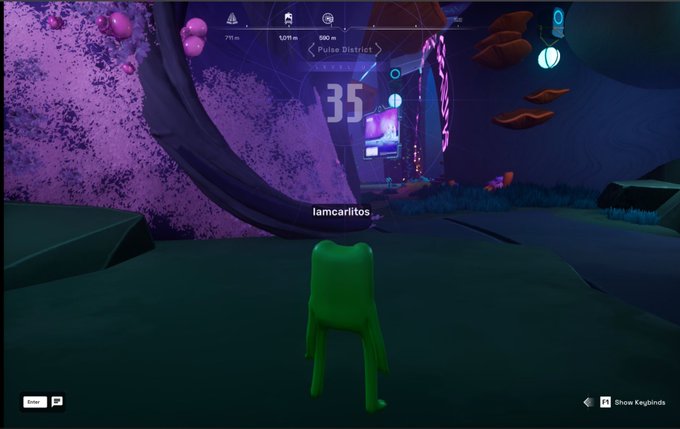 A green frog-like character labeled "Iamcarlitos" stands in a purple, cosmic-themed environment with "35" and "Pulse District" displayed on screen, matching the post's reference to a #FWOG on level 35 in OthersideMeta.
