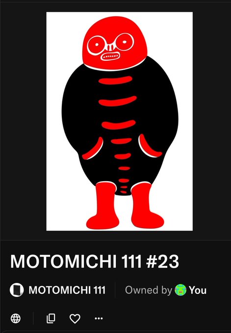 A digital artwork titled 'MOTOMICHI 111 #23' by artist MOTOMICHI 111, depicting a black, rounded figure with red boots, gloves, and a masked face.