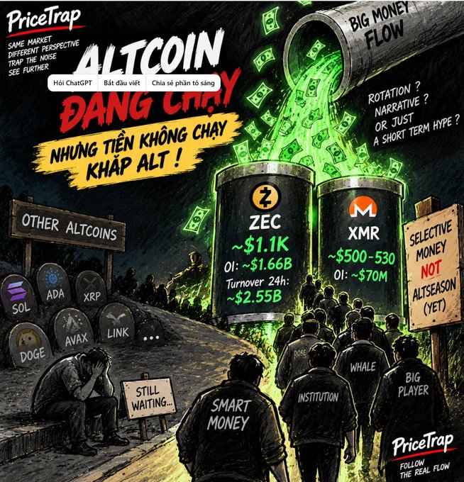 A PriceTrap infographic titled "ALTCOIN ĐANG CHẢY" (Altcoin is flowing), depicting money flowing into ZEC and XMR while other altcoins like SOL, ADA, XRP, and DOGE are shown as tombstones.