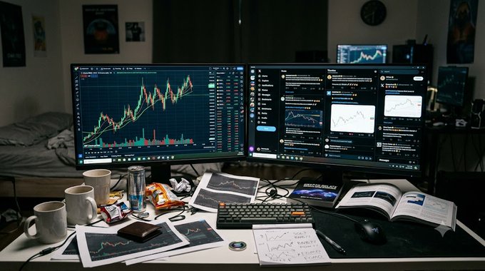 A dark room with a multi-monitor setup displaying trading charts and Twitter feeds, featuring a desk cluttered with mugs, papers with hand-drawn charts, a Red Bull can, and an open book.