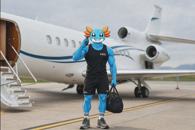 An anthropomorphic blue axolotl character wearing AXOL athletic wear, holding a phone and duffel bag in front of a private jet on a tarmac.