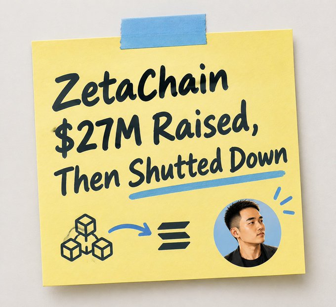A yellow sticky note graphic titled "ZetaChain $27M Raised, Then Shutted Down," showing a logo transition and a photo of a man.