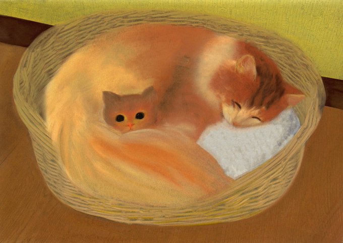 A painting depicting two cats sleeping curled up together in a wicker basket, one gray cat with open eyes and one orange tabby with closed eyes, resting on a wooden floor.