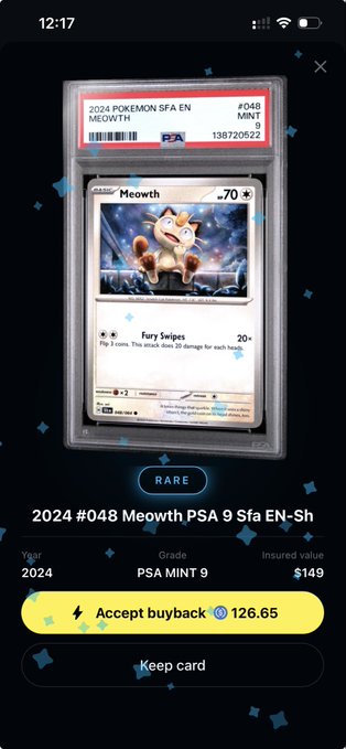 A mobile app screen showing a 2024 Pokemon card featuring Meowth graded "PSA MINT 9," offered for an "Accept buyback" price of 126.65.