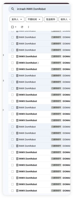 A screenshot of an email inbox search for 'in:trash INWX DomRobot', displaying a long list of deleted emails from INWX DomRobot.
