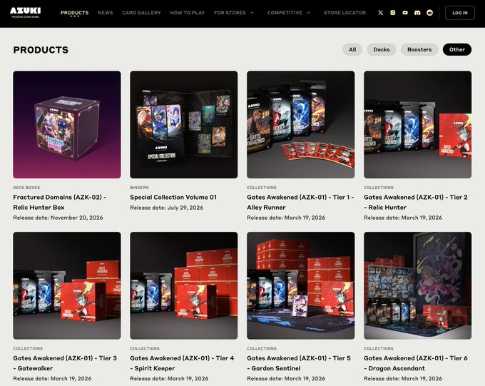 The image shows the Azuki TCG products catalog page displaying various collectible card game items including deck boxes, binders, and collections from "Gates Awakened" (AZK-01) and "Fractured Domains" (AZK-02) sets, with release dates ranging from March to November 2026. This aligns with the post's announcement of a new products tab that organizes all current and upcoming Azuki TCG merchandise in one place.