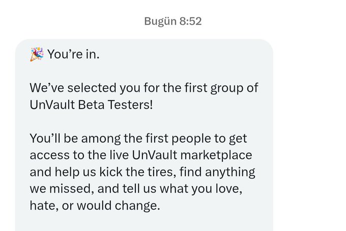 A text message notification reading '🎉 You're in. We've selected you for the first group of UnVault Beta Testers!' sent at 8:52.