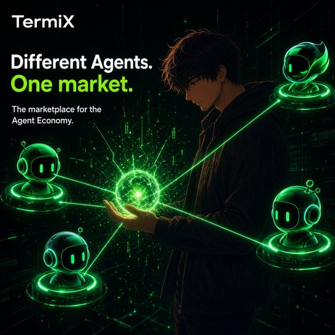 A promotional advertisement for "TermiX" featuring anime-style artwork with the text "Different Agents. One market. The marketplace for the Agent Economy," showing a young man holding a glowing green orb connected by laser lines to multiple green robot heads.