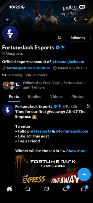 A Twitter/X screenshot of the verified 'FortuneJack Esports' (@FJesports) account posting an AK-47 The Empress giveaway requiring users to follow and like the post.