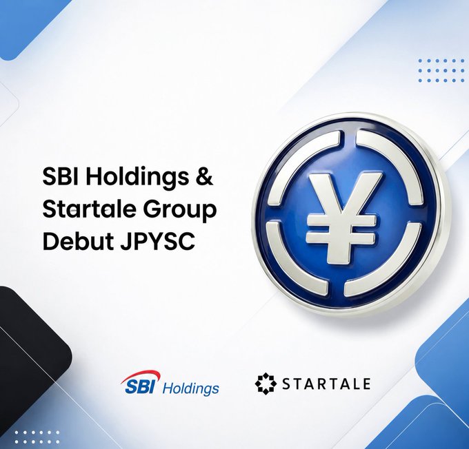 The image is a promotional graphic announcing the debut of JPYSC, featuring a large 3D-styled blue coin with the yen symbol (¥) in the center. The headline "SBI Holdings & Startale Group Debut JPYSC" appears on the left, with the SBI Holdings and Startale logos displayed at the bottom, visually reinforcing the partnership behind the new yen-backed stablecoin.
