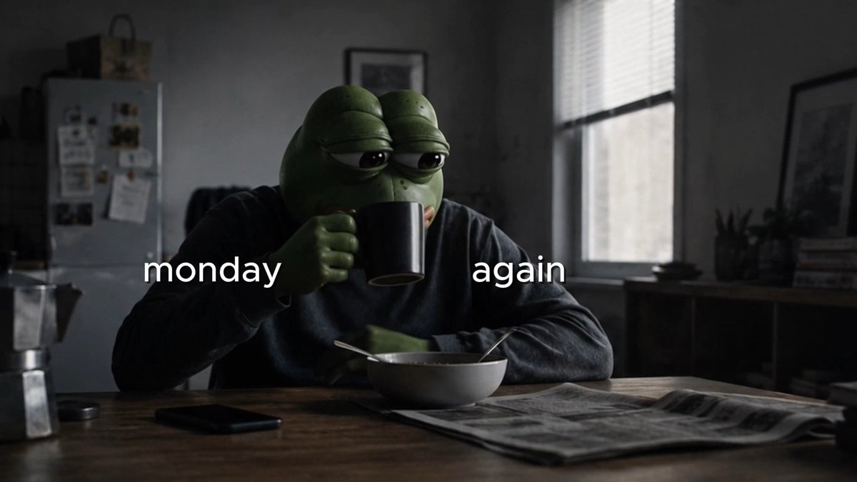 A person wearing a Pepe the Frog mask sits at a wooden table in a dimly lit room, drinking from a black mug. White text overlaid on the image reads 'monday again'.