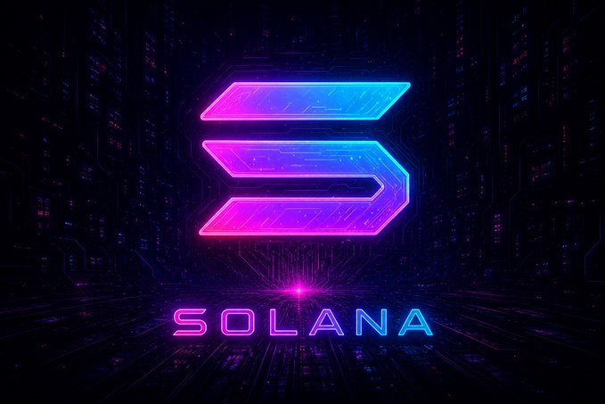 A neon-lit digital background showcases the glowing Solana logo in vibrant pink and blue, with the word "SOLANA" displayed beneath it. The futuristic, tech-inspired imagery complements the announcement of Solana's Agave 4.2 update, highlighting the platform's technological advancement.