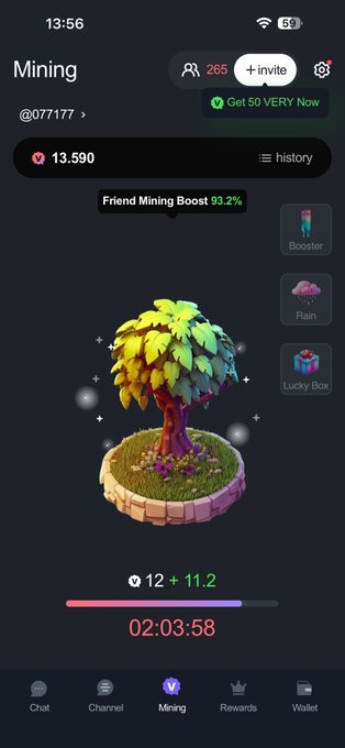 The image shows the Verychat app's "Mining" screen featuring a 3D tree on a circular platform with "Friend Mining Boost 93.2%" displayed prominently, along with a balance of 13.590 VERY tokens, a mining rate of "12 + 11.2", and a countdown timer at 02:03:58. The username "@077177" and invite code "077177" visible in the screen align with the post's invitation to join Verychat using that specific referral code to participate in the Web3 ecosystem's mining rewards.