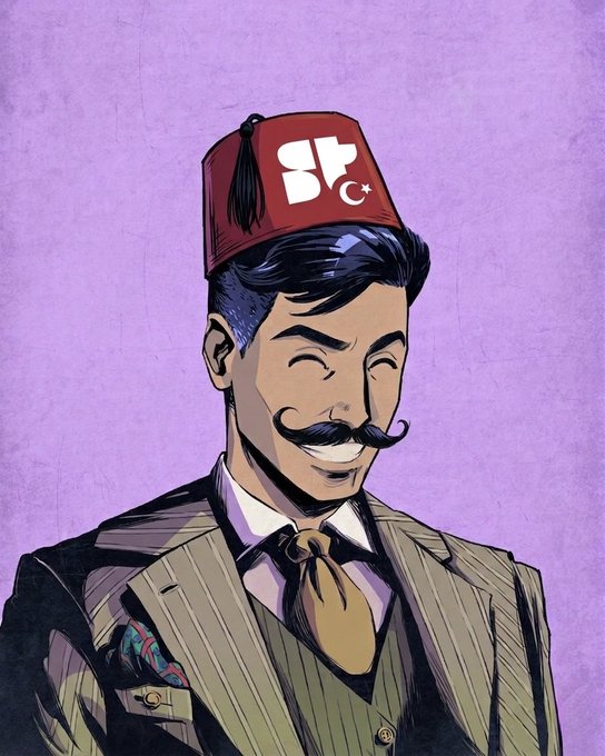The image features a man wearing a suit, tie, and red hat with a white "S" logo on top of his head. The man has a mustache and is smiling at the camera. The caption below the image reads: "GUIDE FOR GETTING A RETWEET FROM SOLANA Greetings, friends—since our Spanish siblings shared @lagunacarta 's article, I wanted to whip up a piece for the Turks too".