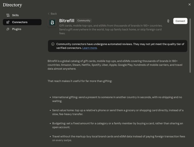 The image shows the Claude Directory page for the Bitrefill Community connector, featuring a "Connect" button and description of Bitrefill's global gift card, mobile top-up, and eSIM services across 180+ countries. The accompanying post highlights Bitrefill's new availability as a Claude connector, enabling users to shop internationally through conversational AI.