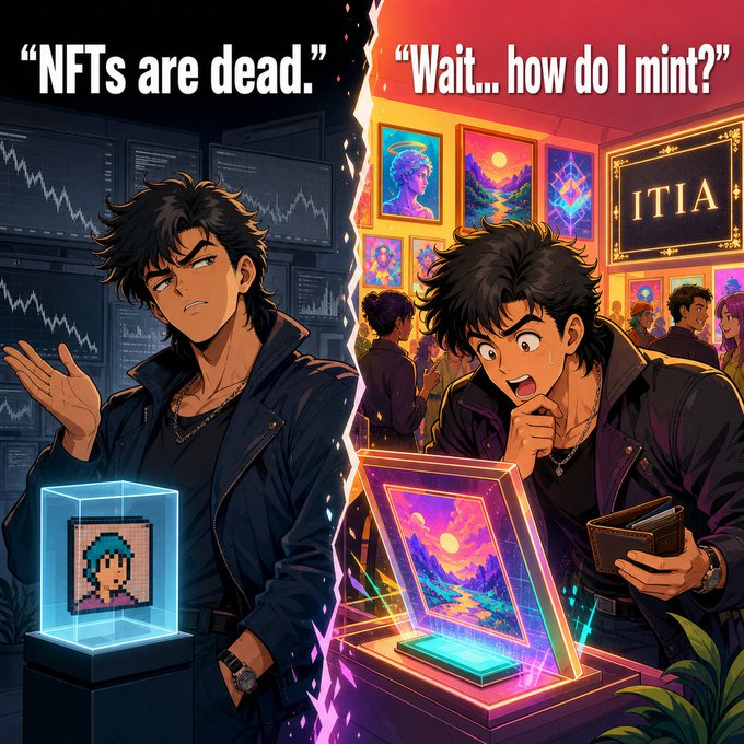 A split anime-style illustration showing a character on the left dismissing NFTs as dead with a small pixelated CryptoPunk displayed, while on the right the same character excitedly asks "Wait... how do I mint?" in a vibrant gallery setting with colorful digital art and an "ITIA" sign.