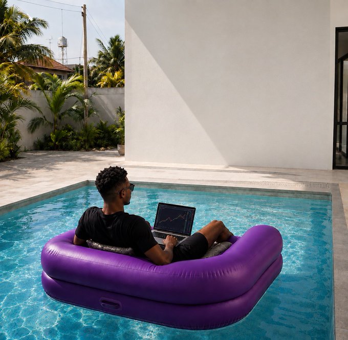A man relaxes on a purple inflatable float in a swimming pool while using a laptop displaying a stock chart.