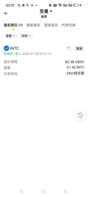 A mobile app screenshot showing a trading interface in Chinese with a current order for INTC stock at 92.38 USDC per share, status showing 0% filled (cancelled) for 42 shares as of 2026-07-26 02:31:13.