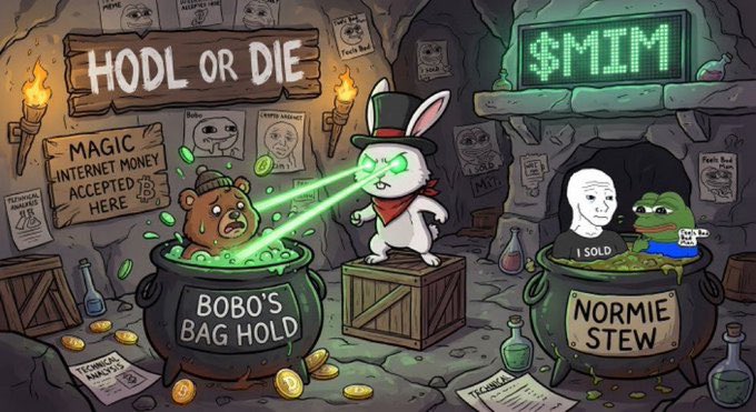 A cartoon crypto meme illustration titled "HODL OR DIE" depicting a rabbit in a top hat shooting laser eyes at a bear in "BOBO'S BAG HOLD", with a "$MIM" ticker display and a "NORMIE STEW" cauldron labeled "I SOLD".