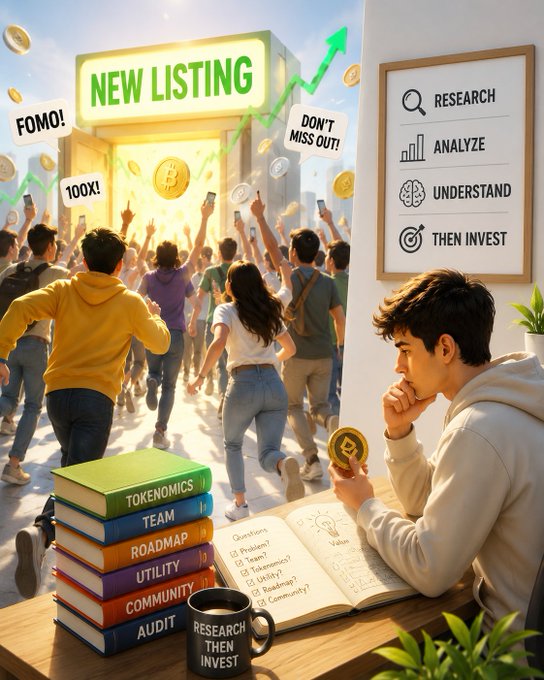 A split image showing a 'NEW LISTING' crypto event with crowds and FOMO messaging on the left, contrasted with a person studying with books labeled 'TOKENOMICS, TEAM, ROADMAP, UTILITY, COMMUNITY, AUDIT' and a 'RESEARCH THEN INVEST' mug on the right, with steps 'RESEARCH, ANALYZE, UNDERSTAND, THEN INVEST' displayed.