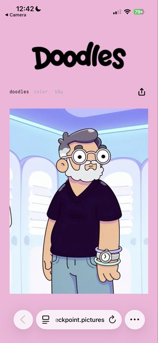 A screenshot from the 'Doodles' app displaying a cartoon avatar of an older man with glasses, a gray beard, a black shirt, blue jeans, and a colorful wristband on a pink background.