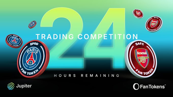 The image features a poster for a trading competition with 24 hours remaining, set against a blue background. The poster includes various logos representing different companies or organizations, such as Paris Saint-Germain (PSG), Arsenal FC, FanTokens, and others. These logos are scattered across the poster in different sizes and colors, creating an interesting visual effect. The text on the poster reads "24 hours left to secure your spot on the @JupiterExchange leaderboards. May ...", indicating that there is a limited time remaining for participants to secure their positions in the trading competition.