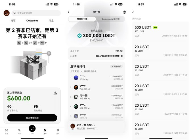 Three mobile app screens in Chinese displaying competition rankings and rewards totaling 300,000 USDT, with various USDT prize listings.