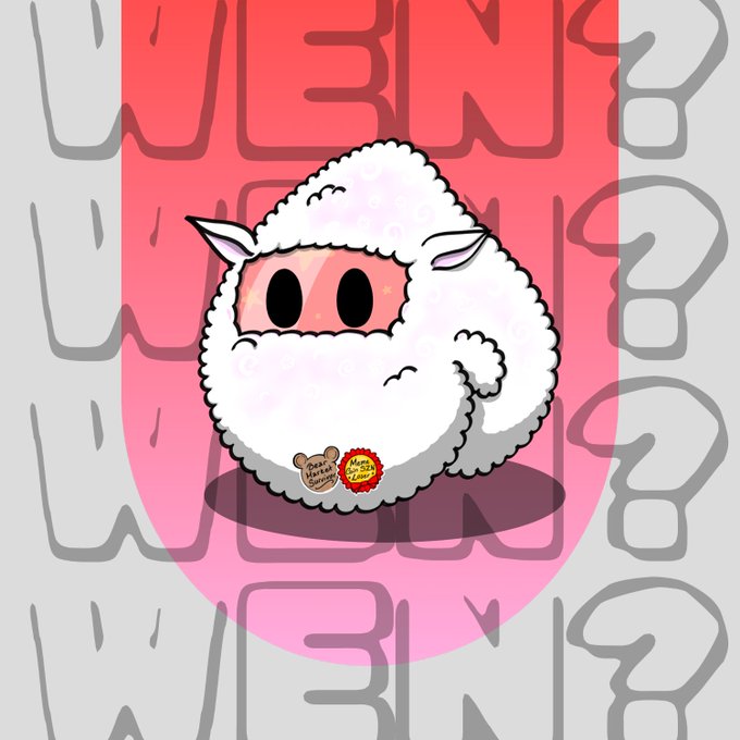 A cute cartoon sheep with a fluffy white wool body stands against a pink and gray background, holding a small cookie that reads 'Merry Christmas'.