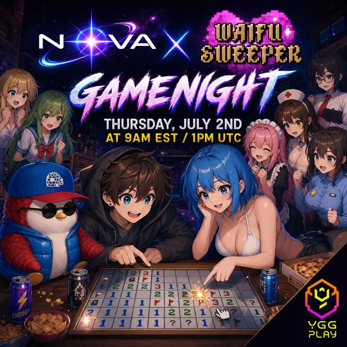 A promotional graphic for a 'NOVAX WAIFU SWEEPER GAMENIGHT' event on Thursday, July 2nd at 9AM EST / 1PM UTC, featuring anime characters playing minesweeper with 'YGG PLAY' branding in the corner.