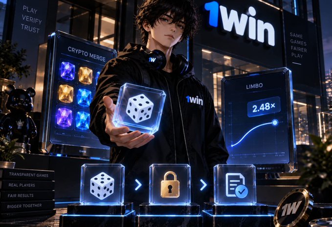 An anime-style promotional graphic for '1win' featuring a male character holding a glowing dice cube, alongside panels showing 'CRYPTO MERGE' and 'LIMBO 2.48x' with transparency messaging.