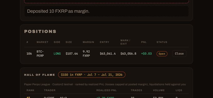 A trading interface showing a deposited 10 FXRP margin, with a LONG position open on BTC-PERP at $63,041.4 entry, showing a PNL of +$0.03.