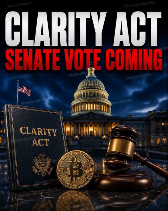 The image is a dramatic promotional graphic featuring "CLARITY ACT - SENATE VOTE COMING" in bold text, with the U.S. Capitol building illuminated at night in the background, alongside a leather-bound "CLARITY ACT" book, a judge's gavel, and a physical Bitcoin coin—visually tying the upcoming Senate vote to its impact on cryptocurrency regulation.