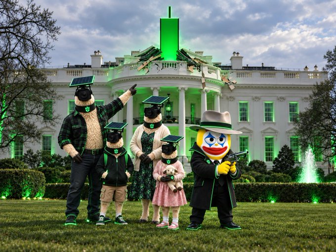 A meme depicts beanie-wearing sheep figures and a clown in a trench coat holding a gun in front of the White House tinted in green, visually satirizing the "$Sheeple" crypto token the poster claimed to have invested in.