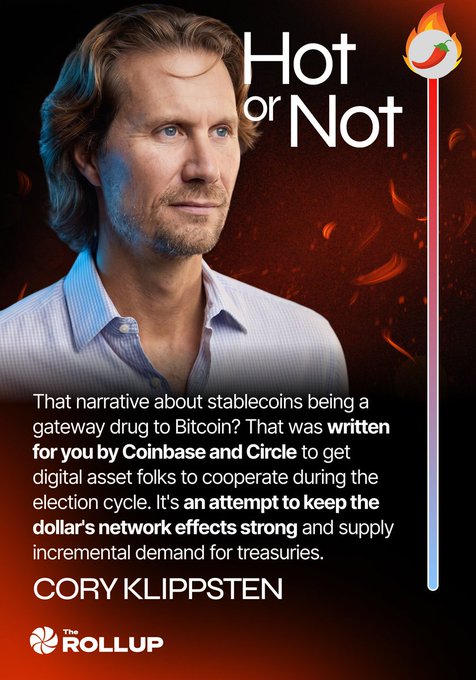 This image features Cory Klippsten, with text suggesting that the narrative of stablecoins as a "gateway drug to Bitcoin" was created by Coinbase and Circle to maintain the dollar's strength.