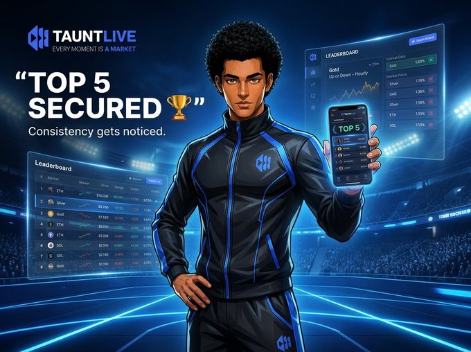 A 'TAUNTLIVE' promotional graphic featuring an animated character in a tracksuit holding a smartphone displaying 'TOP 5', set against a stadium leaderboard background.