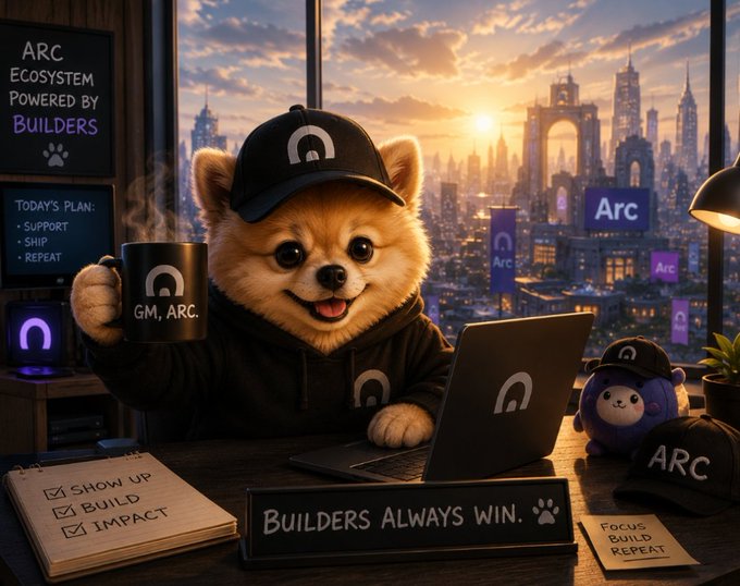A digital rendering of a Pomeranian dog wearing a black 'Arc' cap and hoodie, sitting at a desk with a laptop and coffee mug, with text including 'ARC ECOSYSTEM POWERED BY BUILDERS' and 'BUILDERS ALWAYS WIN.'