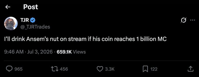 A screenshot of a tweet from TJR (@_TJRTrades) that reads, "I'll drink Ansem's nut on stream if his coin reaches 1 billion MC," posted on July 3, 2026, with 659.1K views—directly referencing the $ANSEM coin milestone TJR's context alludes to.