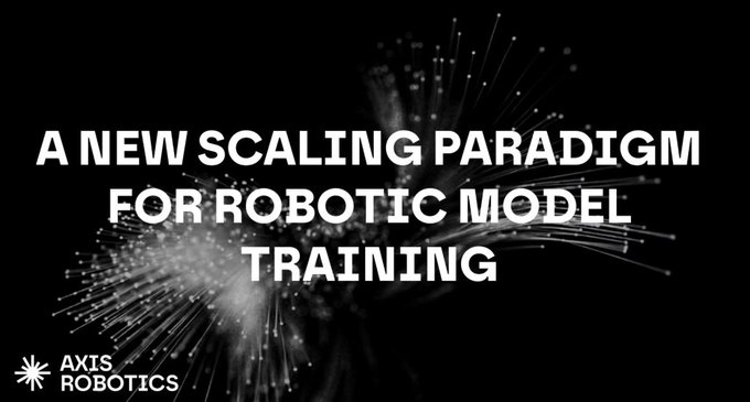 A promotional graphic from Axis Robotics featuring the headline "A NEW SCALING PARADIGM FOR ROBOTIC MODEL TRAINING" set against a dark background with a white, fiber-optic-like burst design, reinforcing the post's message about advancing robotic model development.
