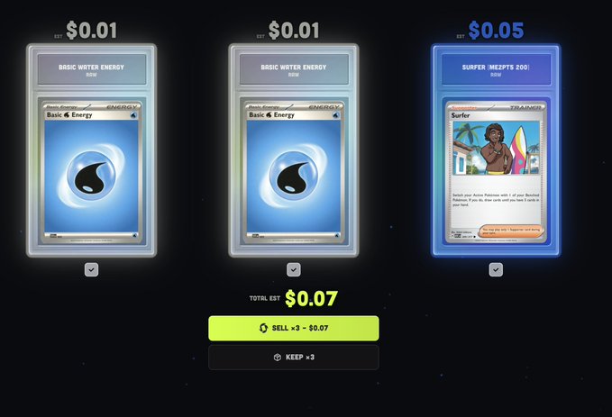 The image shows a digital card pack opening screen displaying three Pokémon cards: two "Basic Water Energy" cards priced at $0.01 each and a "Surfer" card priced at $0.05, with a total estimated value of $0.07 and options to sell for $0.07 or keep the cards. This relates to the post by showing the modest result of claiming the "free" three-card pack, which unfortunately yielded low-value cards rather than a rare $10k card.