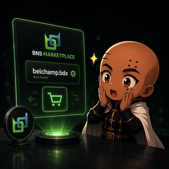 An animated-style illustration of a bald character looking surprised at a holographic display showing 'BNS MARKETPLACE' and the BNS name 'belchamp.bdx' next to a shopping cart icon.