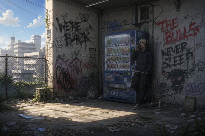 A person in a hooded jacket stands beside a vending machine, talking on a phone, surrounded by graffiti-covered walls reading "WERE BACK" and "THE BULLS NEVER SLEEP."

This scene captures a quiet morning moment, with the solitary figure and the urban, graffiti-laden setting reflecting a peaceful yet gritty start to the day.