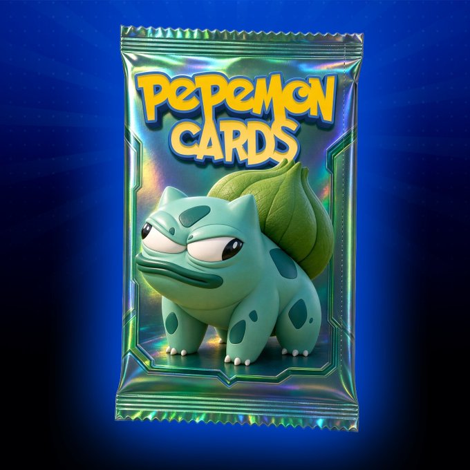A 3D-rendered trading card package labeled 'PePeMon CARDS' featuring a cute, cartoon-style Bulbasaur-like creature inside a holographic green wrapper against a blue starry background.