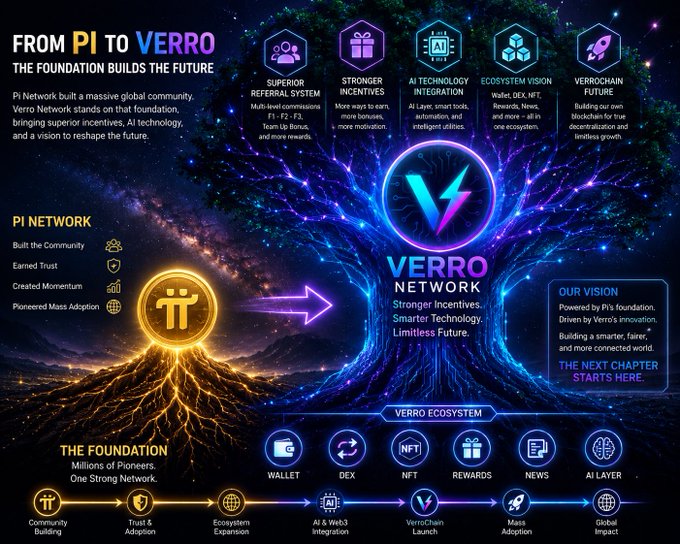 An infographic titled 'FROM PI TO VERRO' explaining the transition from Pi Network to Verro Network, highlighting features like superior referral system, incentives, AI integration, DEX/IoT/NFT ecosystem, and VerroChain.
