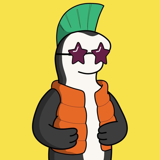 Cartoon illustration of a penguin character wearing an orange puffer vest, a green mohawk, and purple star-shaped sunglasses against a yellow background.