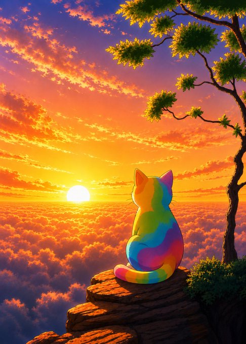 A rainbow-colored cat sits on a rocky cliff overlooking a sea of clouds during a vibrant orange sunset, with a tree branch extending from the right.