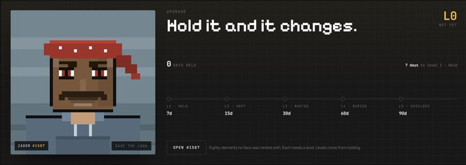 A pixel-art interface shows a character labeled "JASON RISE?" with the main text "Hold it and it changes." and a progress bar indicating levels like "HELD", "KEPT", "ROOTED", "BURIED", and "SHELTERED".