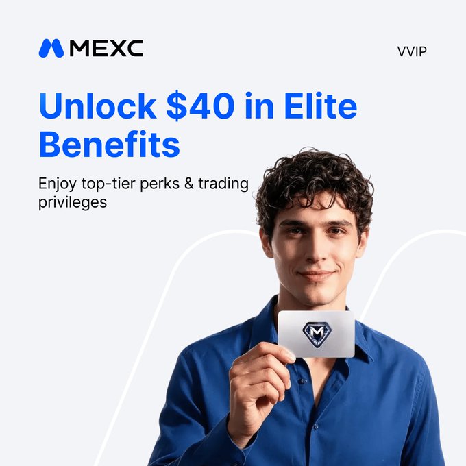 An advertisement for MEXC featuring a young man holding an 'M' branded card, with the text 'Unlock $40 in Elite Benefits' and 'Enjoy top-tier perks & trading privileges' alongside a 'VVIP' tag.