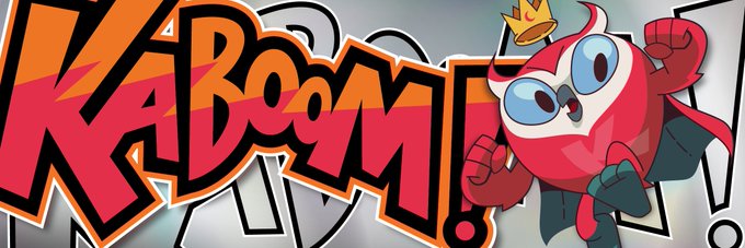 A colorful 'KABOOM!' comic-style graphic featuring a red cartoon character wearing a crown and cape, flexing its muscles next to the bold red and orange text.